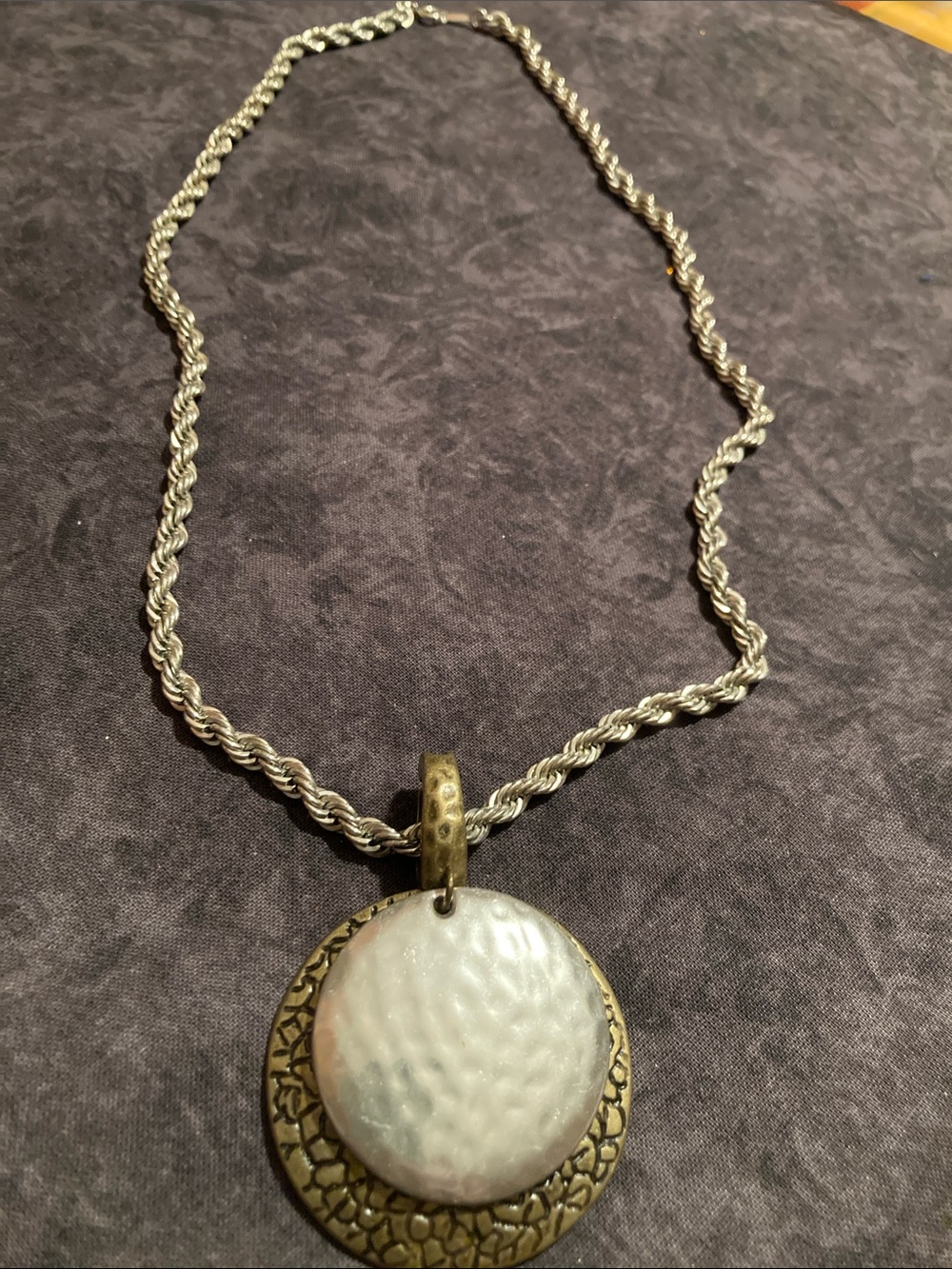 Thick Silver Tone Rope Chain Necklace with Bold Hammered Pendant